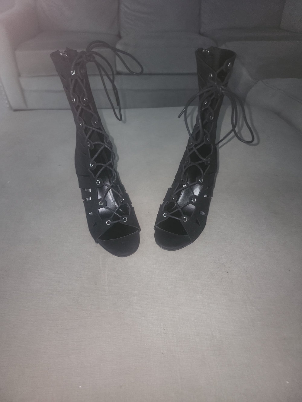 Lace-Up Peep Toe High Heel Booties - Black